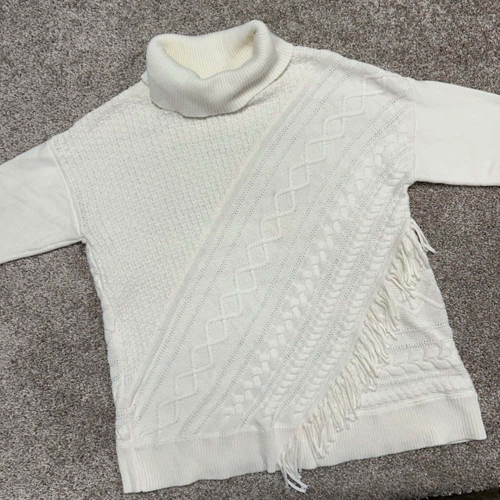 Chico's Cable Knit Fringe Turtleneck Sweater Women Size 3P (Large Petite)